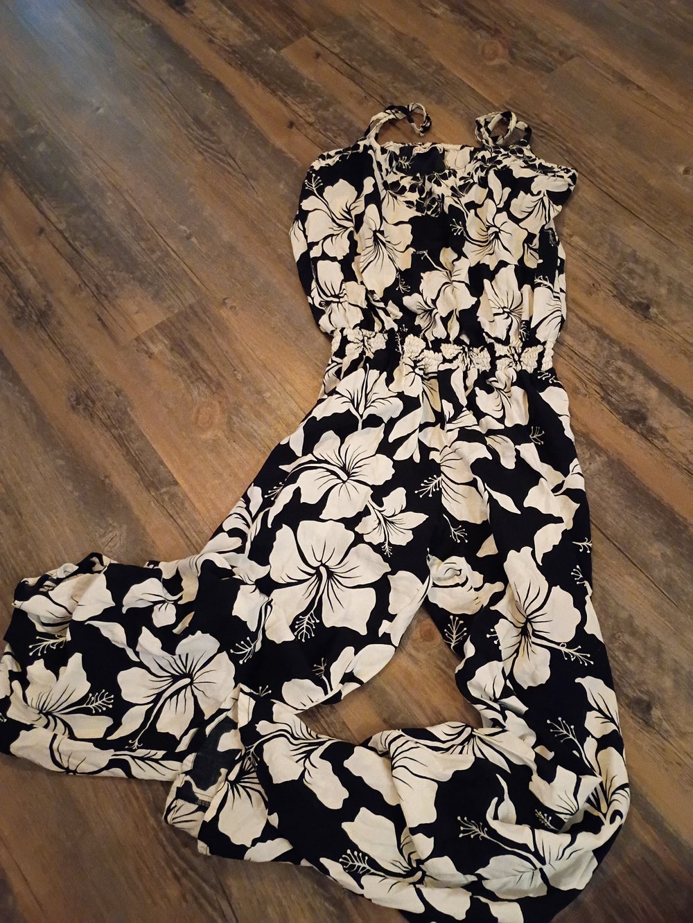 Black and White Floral Halter Jumpsuit